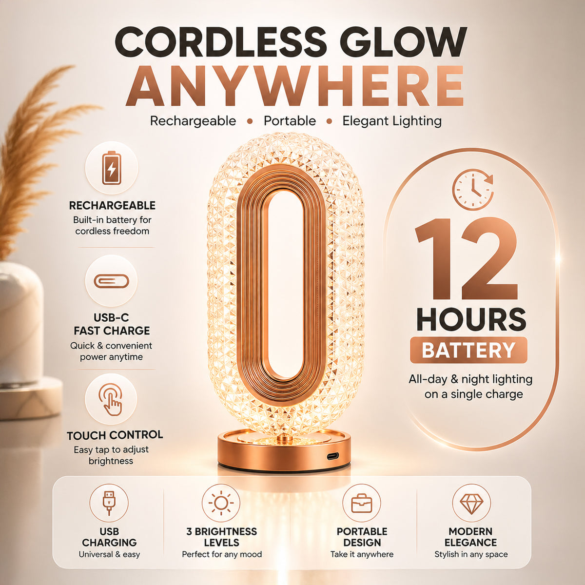 Cordless Crystal LED Table Lamp - Aesthetic Rechargeable Night Light, 3-Color Dimmable Touch Control Bedside Lantern, 12-Hour Battery for Luxury Home Decor, Bedroom & Living Room Ambiance