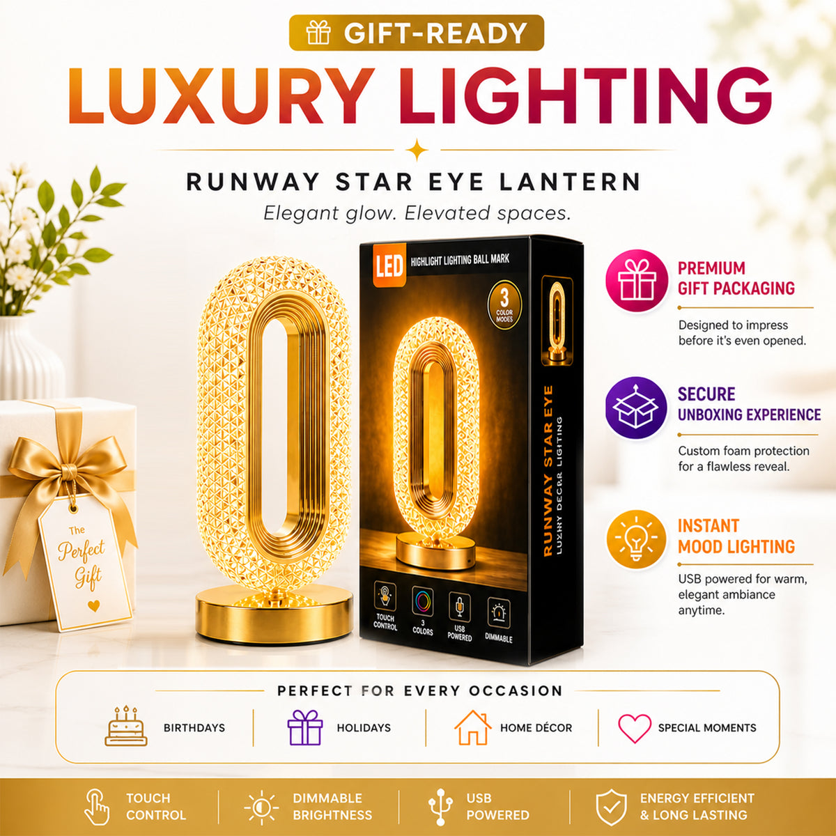 Cordless Crystal LED Table Lamp - Aesthetic Rechargeable Night Light, 3-Color Dimmable Touch Control Bedside Lantern, 12-Hour Battery for Luxury Home Decor, Bedroom & Living Room Ambiance