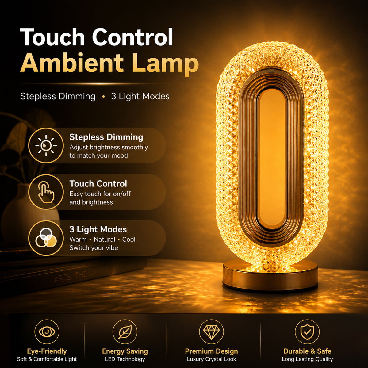 Cordless Crystal LED Table Lamp - Aesthetic Rechargeable Night Light, 3-Color Dimmable Touch Control Bedside Lantern, 12-Hour Battery for Luxury Home Decor, Bedroom & Living Room Ambiance