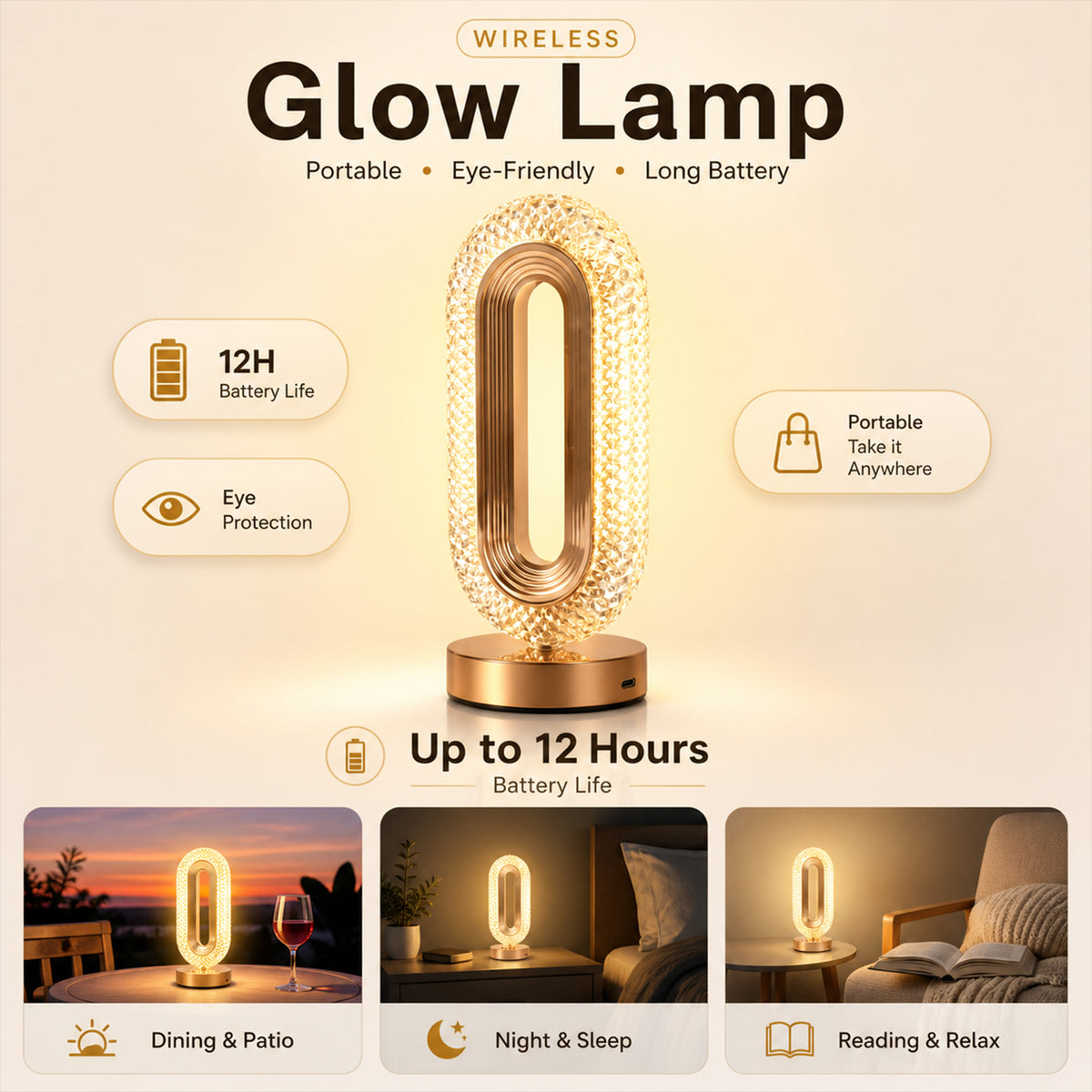 Cordless Crystal LED Table Lamp - Aesthetic Rechargeable Night Light, 3-Color Dimmable Touch Control Bedside Lantern, 12-Hour Battery for Luxury Home Decor, Bedroom & Living Room Ambiance