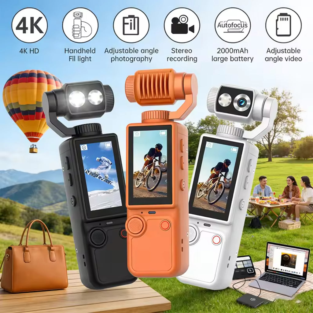 4K Vlogging Camera with Stabilizer, Pocket Handheld Video Camera, Mini Camera with Autofocus, Fill Light & Microphone, Portable Camera for YouTube, TikTok, Travel Recording