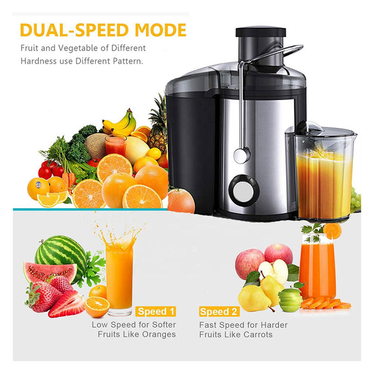 450W Juice Extractor Machine, 2-Speed Centrifugal Juicer for Whole Fruits and Vegetables, Easy to Clean with Pulp Collector and 3" Feed Port, Stainless Steel Filter