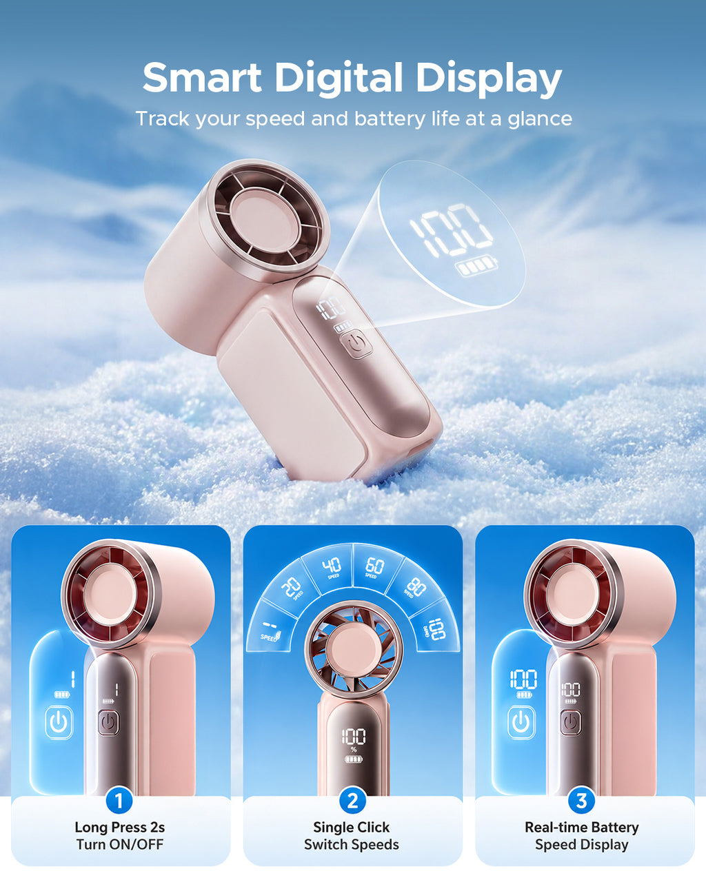 Ultra Mini Handheld Turbo Fan, 100 Speeds with Digital Display, High Speed, USB-C Rechargeable Battery, Personal Cooling Fan, Lightweight Travel Fan for Outdoor, Makeup and Office