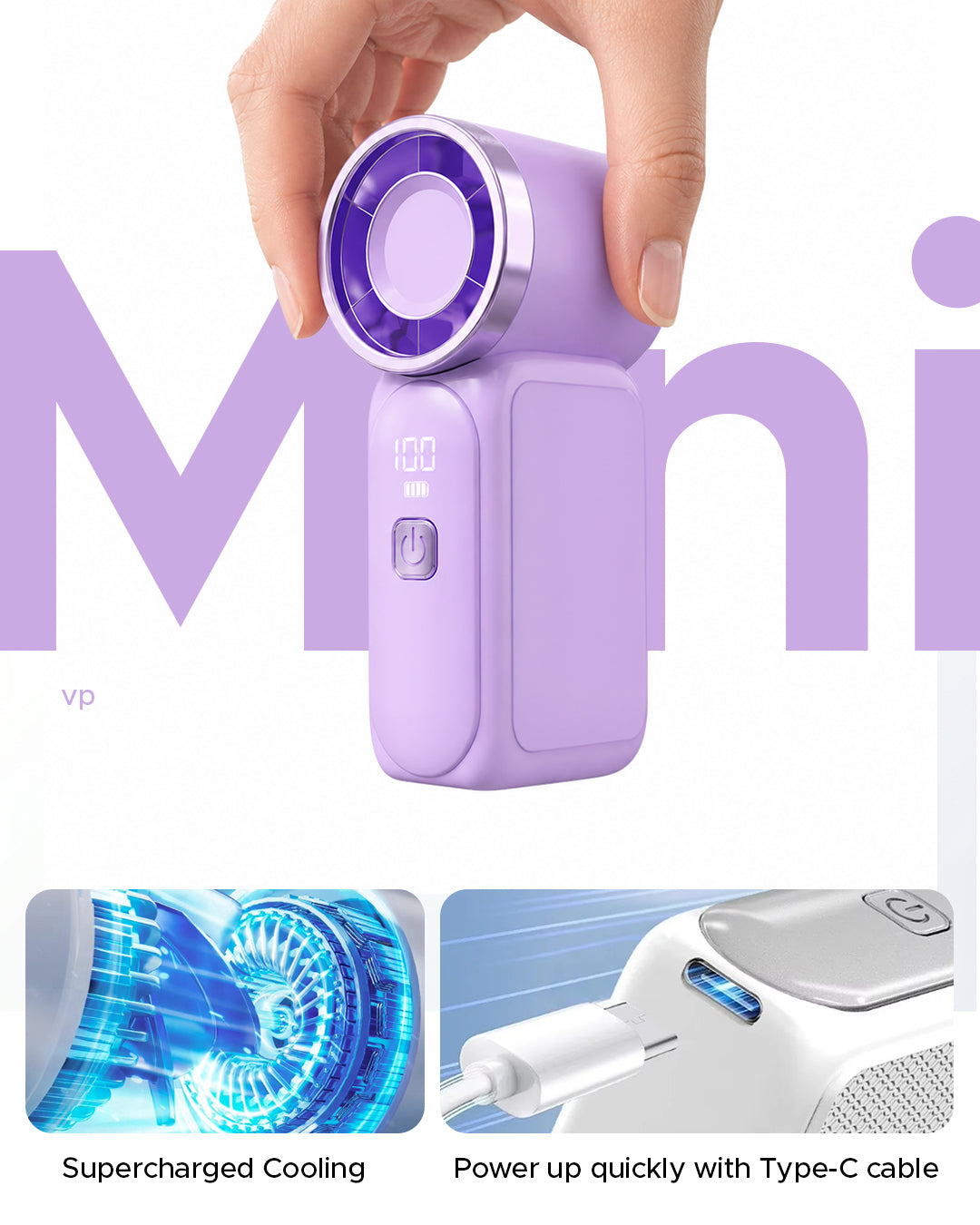 Ultra Mini Handheld Turbo Fan, 100 Speeds with Digital Display, High Speed, USB-C Rechargeable Battery, Personal Cooling Fan, Lightweight Travel Fan for Outdoor, Makeup and Office