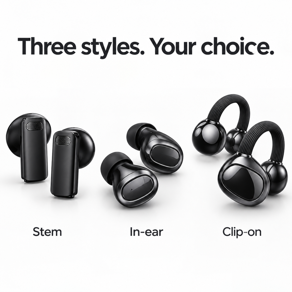 Wireless Earbuds Set with Charging Case, 3 Pairs – Stem, In-Ear and Clip-On Earphones, Black