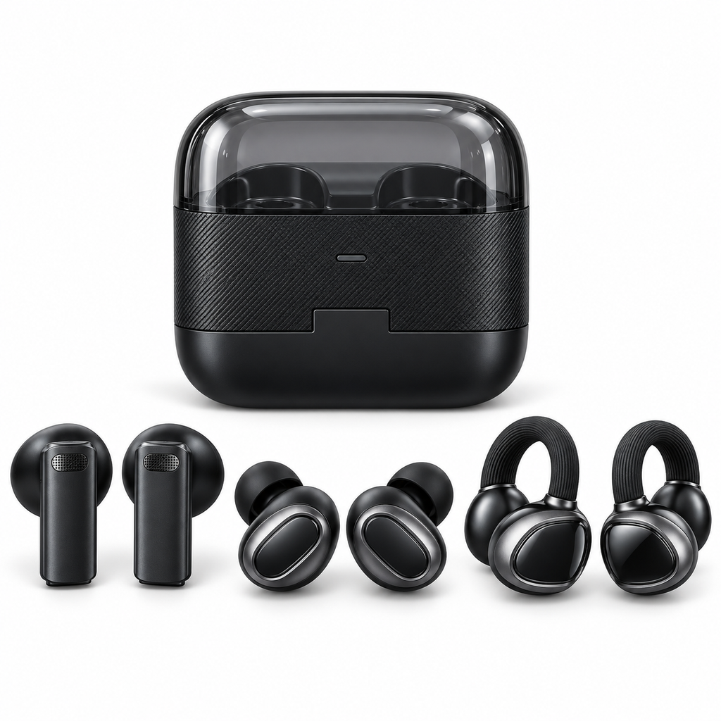 Wireless Earbuds Set with Charging Case, 3 Pairs – Stem, In-Ear and Clip-On Earphones, Black