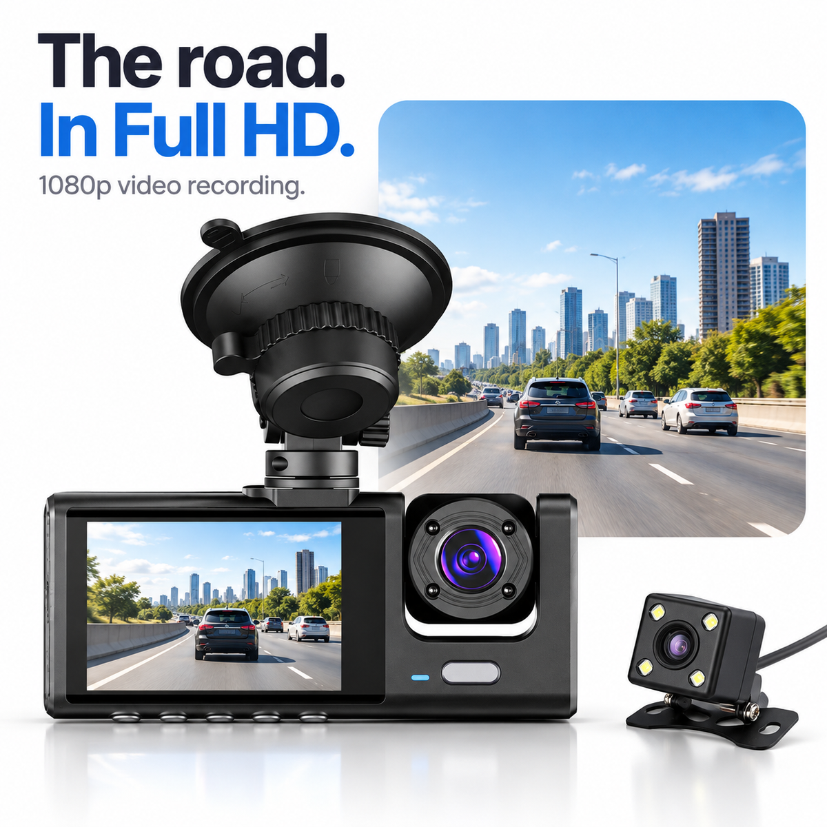 1080p Wi-Fi Car Dash Cam with Front, Cabin and Rear Cameras, Black