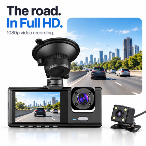 1080p Wi-Fi Car Dash Cam with Front, Cabin and Rear Cameras, Black