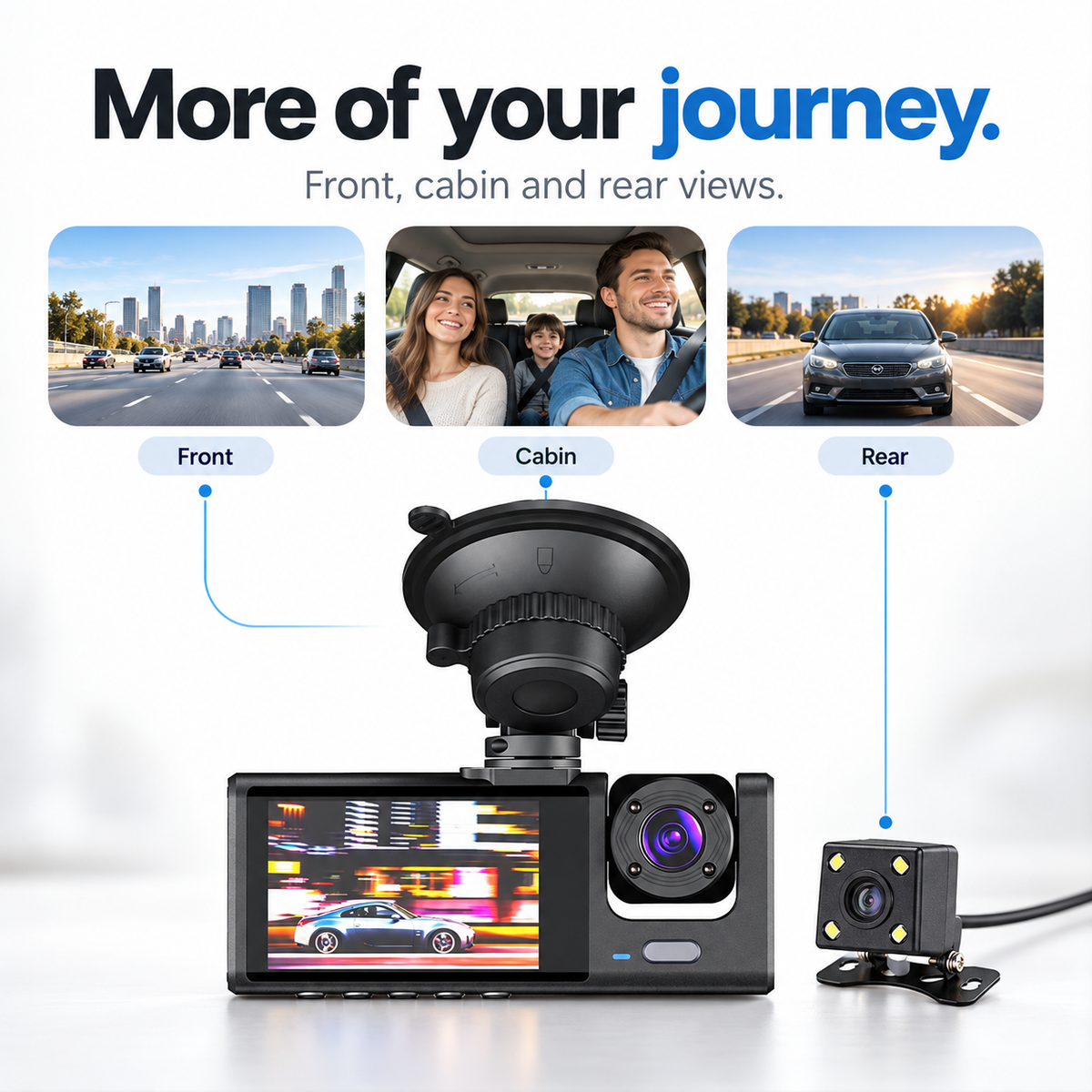 1080p Wi-Fi Car Dash Cam with Front, Cabin and Rear Cameras, Black
