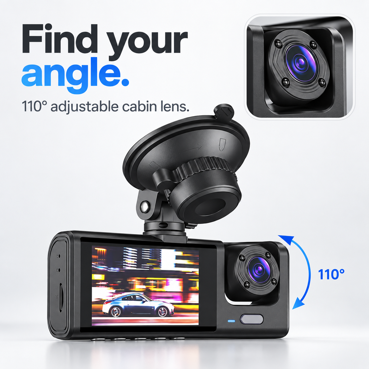 1080p Wi-Fi Car Dash Cam with Front, Cabin and Rear Cameras, Black