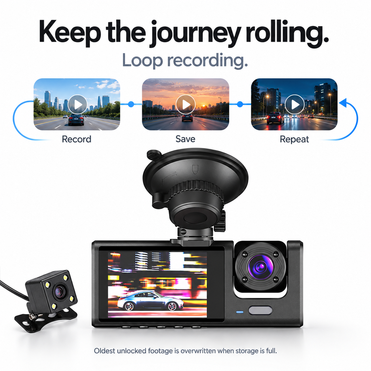 1080p Wi-Fi Car Dash Cam with Front, Cabin and Rear Cameras, Black