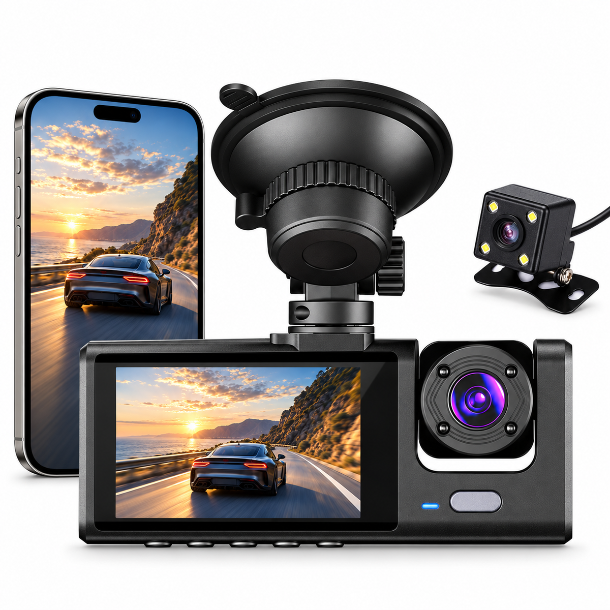1080p Wi-Fi Car Dash Cam with Front, Cabin and Rear Cameras, Black