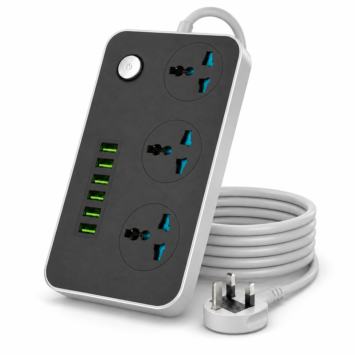 3 Outlet Power Strip with 6 USB-A Ports, 2500W Universal Extension Socket, 2m Cord, Overload Protection, Child Safety Shutters and UK Plug