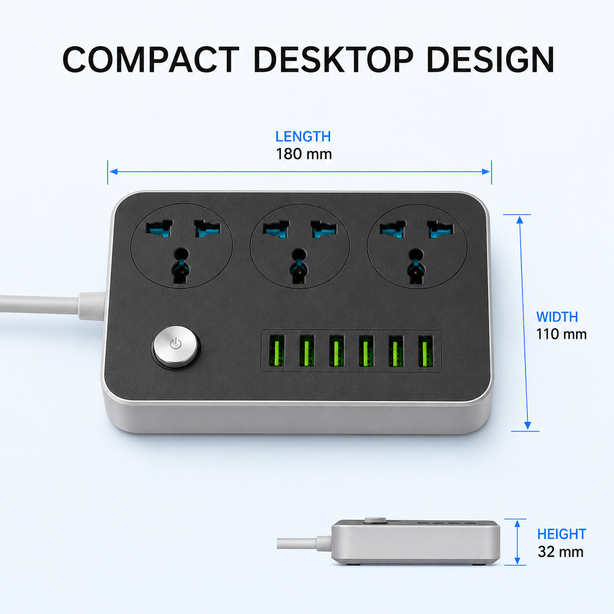 3 Outlet Power Strip with 6 USB-A Ports, 2500W Universal Extension Socket, 2m Cord, Overload Protection, Child Safety Shutters and UK Plug