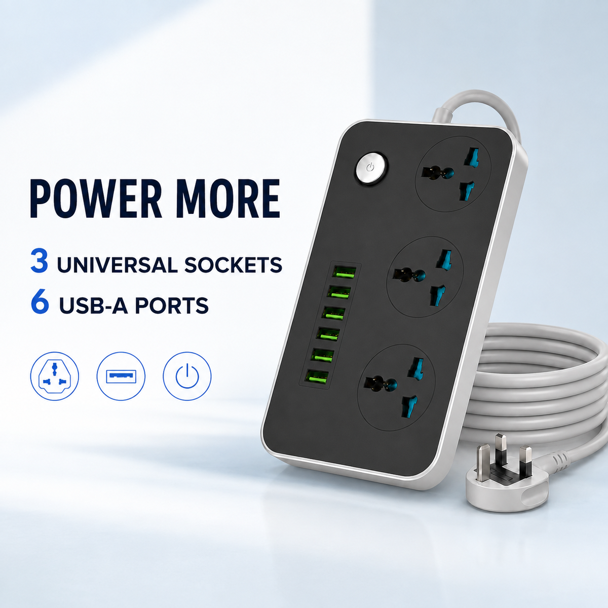 3 Outlet Power Strip with 6 USB-A Ports, 2500W Universal Extension Socket, 2m Cord, Overload Protection, Child Safety Shutters and UK Plug