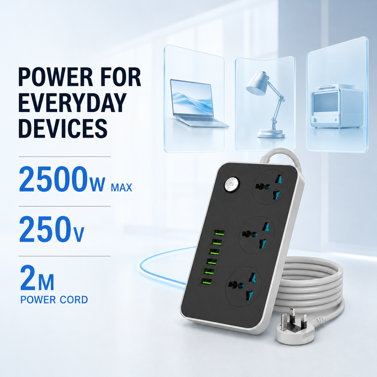 3 Outlet Power Strip with 6 USB-A Ports, 2500W Universal Extension Socket, 2m Cord, Overload Protection, Child Safety Shutters and UK Plug