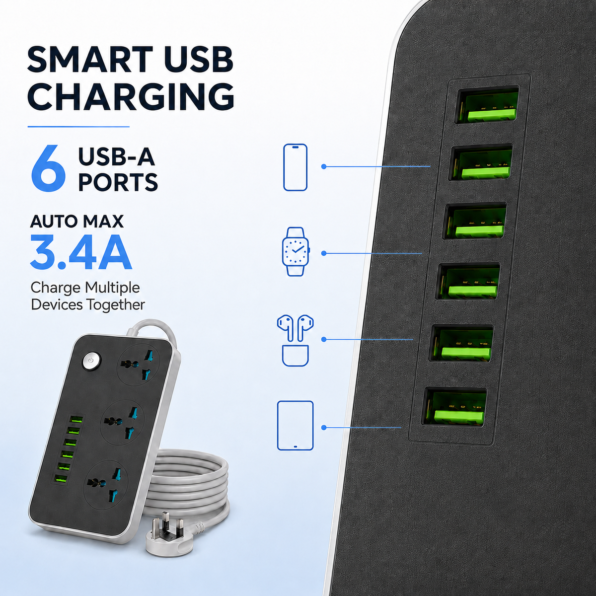 3 Outlet Power Strip with 6 USB-A Ports, 2500W Universal Extension Socket, 2m Cord, Overload Protection, Child Safety Shutters and UK Plug