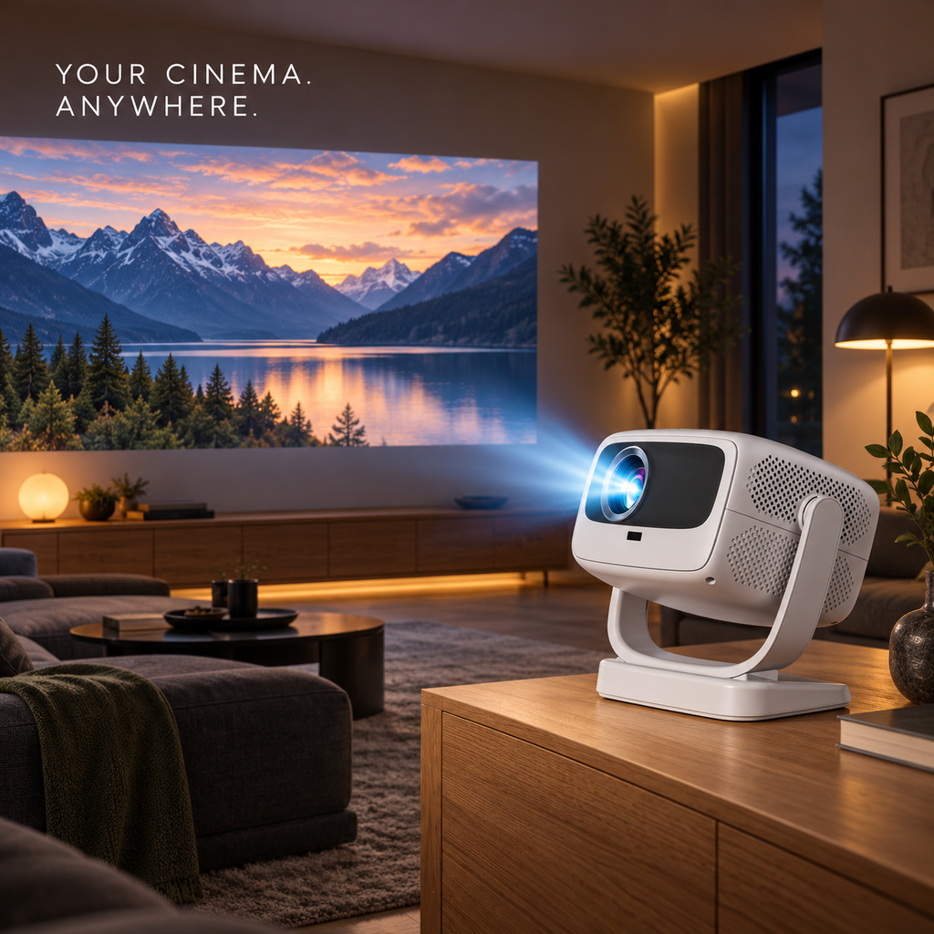 Smart Projector with Dual-Band 5G WiFi and Bluetooth, Electric Focus, Keystone Correction, 360° Rotating Stand, Screen Mirroring, Built-in Speaker, USB and HDMI Input for Home Cinema