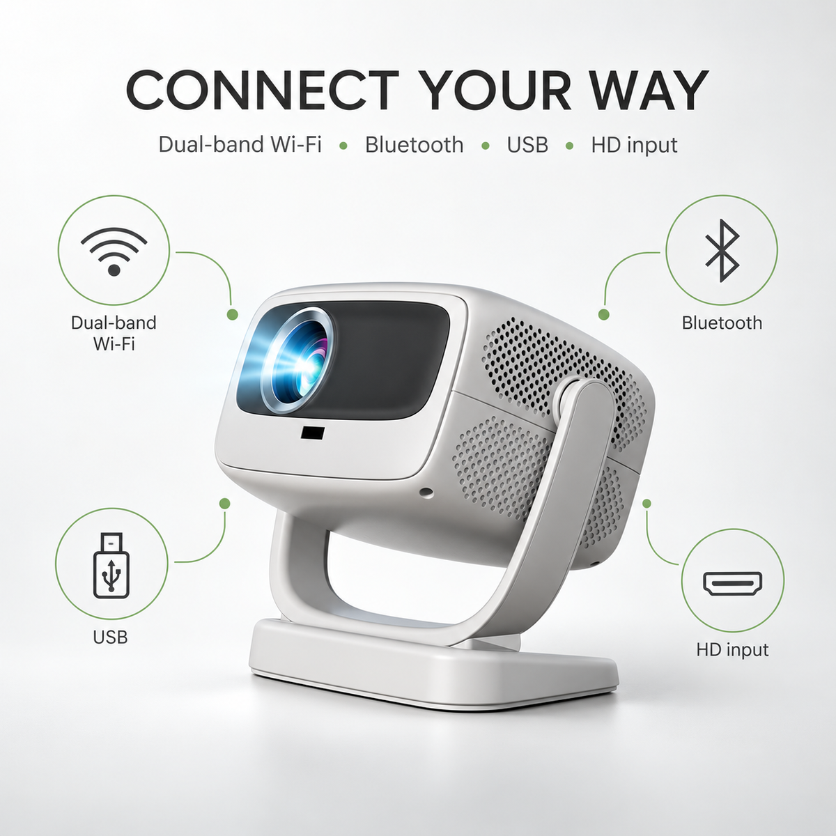 Smart Projector with Dual-Band 5G WiFi and Bluetooth, Electric Focus, Keystone Correction, 360° Rotating Stand, Screen Mirroring, Built-in Speaker, USB and HDMI Input for Home Cinema