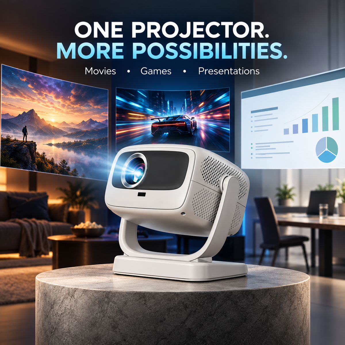 Smart Projector with Dual-Band 5G WiFi and Bluetooth, Electric Focus, Keystone Correction, 360° Rotating Stand, Screen Mirroring, Built-in Speaker, USB and HDMI Input for Home Cinema