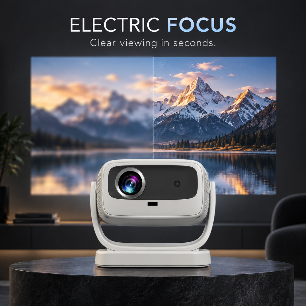 Smart Projector with Dual-Band 5G WiFi and Bluetooth, Electric Focus, Keystone Correction, 360° Rotating Stand, Screen Mirroring, Built-in Speaker, USB and HDMI Input for Home Cinema
