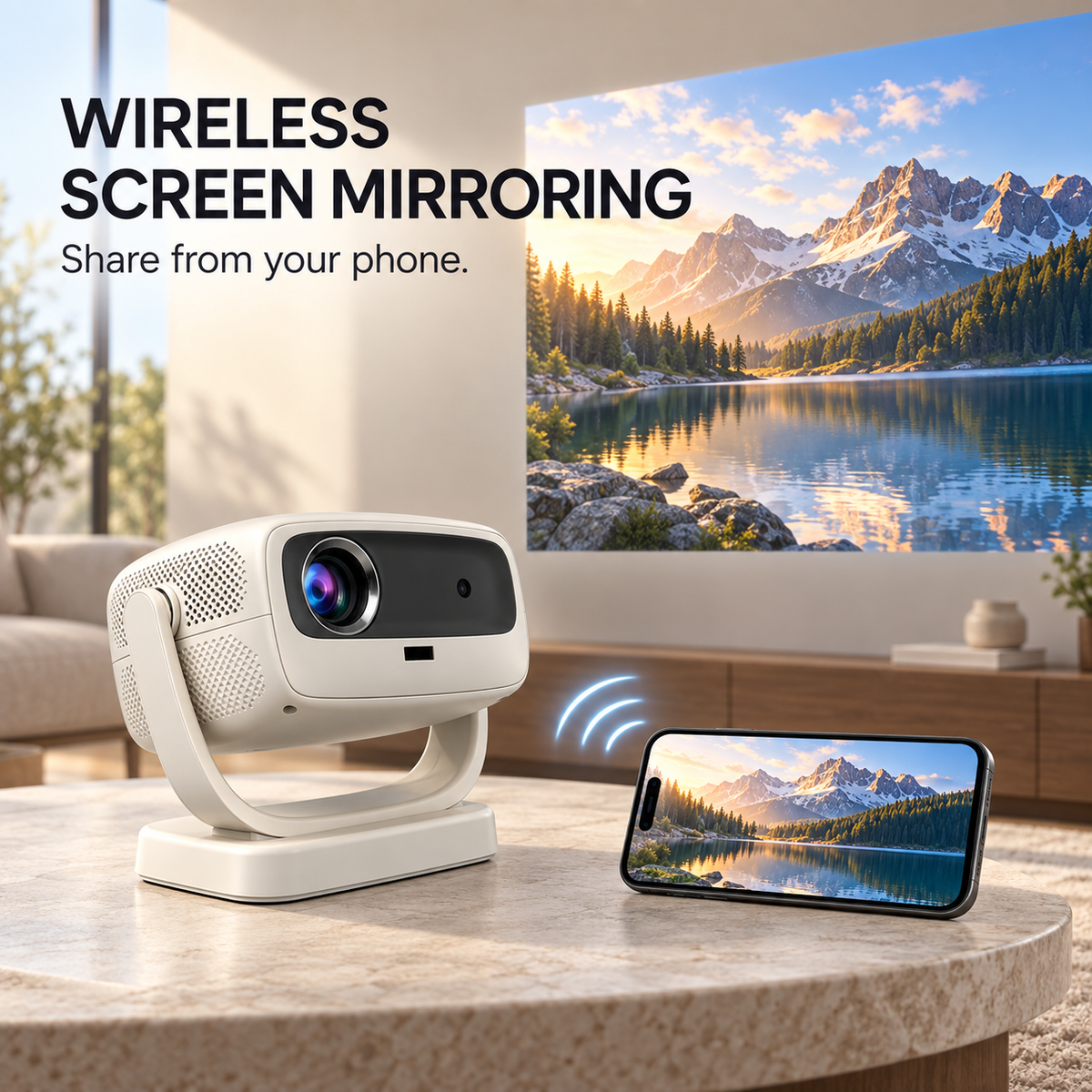 Smart Projector with Dual-Band 5G WiFi and Bluetooth, Electric Focus, Keystone Correction, 360° Rotating Stand, Screen Mirroring, Built-in Speaker, USB and HDMI Input for Home Cinema