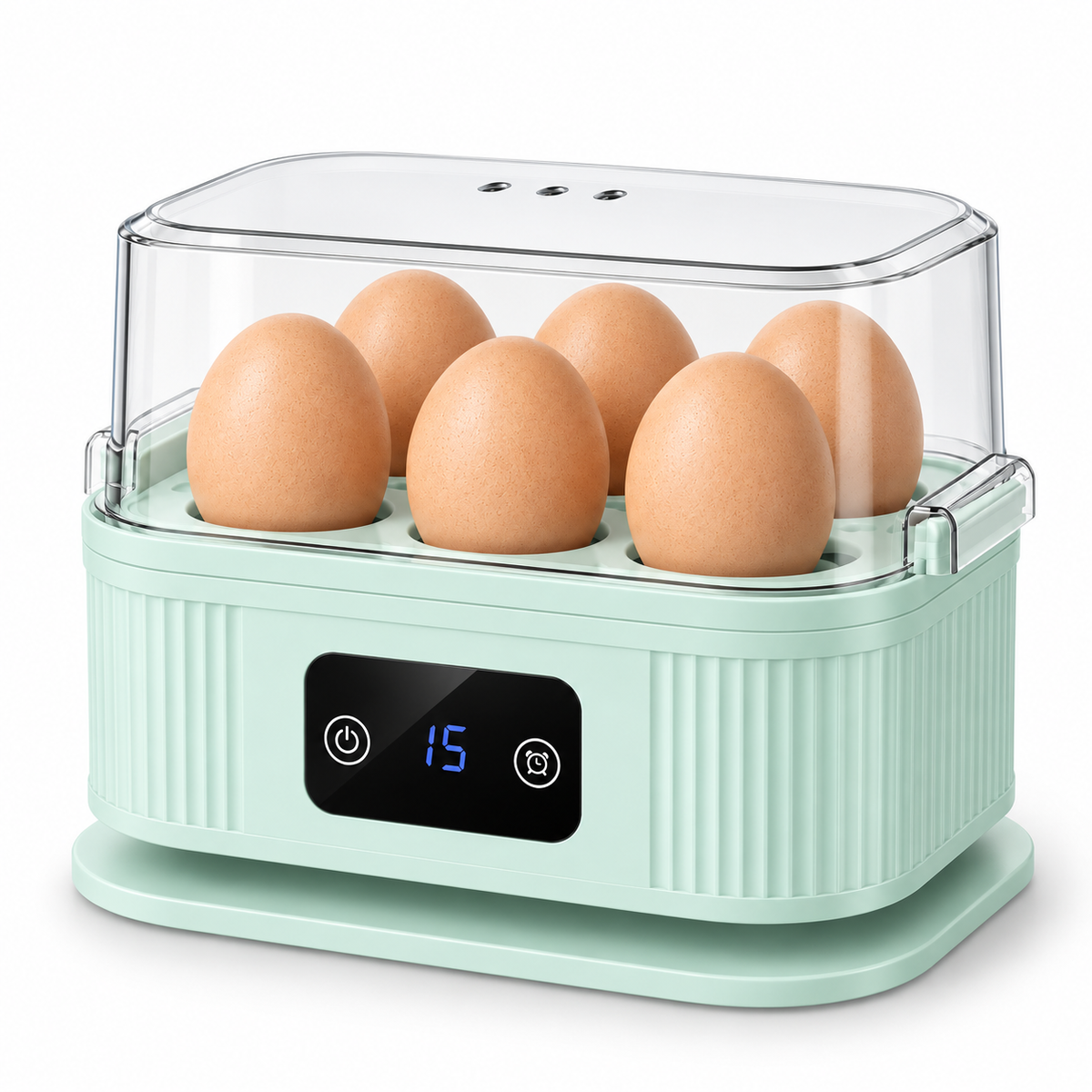 Electric Egg Cooker with 6-Egg Capacity, 200W Rapid Steaming, Digital 30-Minute Timer, Auto Shut-Off, Transparent Lid and Removable Tray