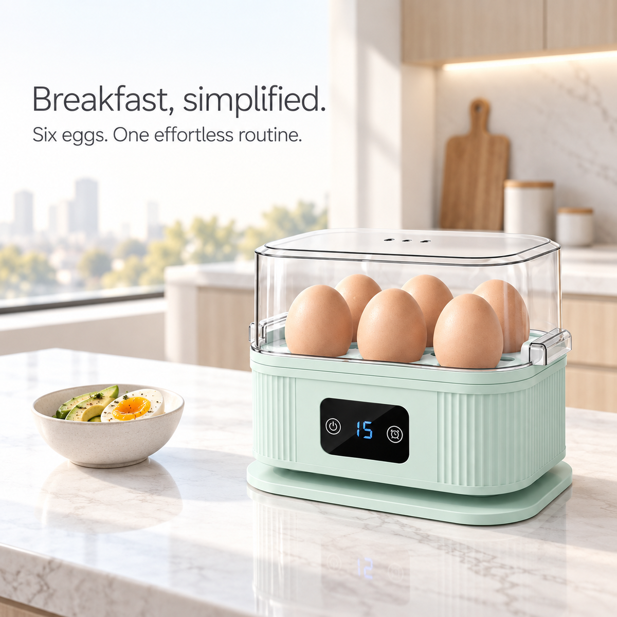 Electric Egg Cooker with 6-Egg Capacity, 200W Rapid Steaming, Digital 30-Minute Timer, Auto Shut-Off, Transparent Lid and Removable Tray