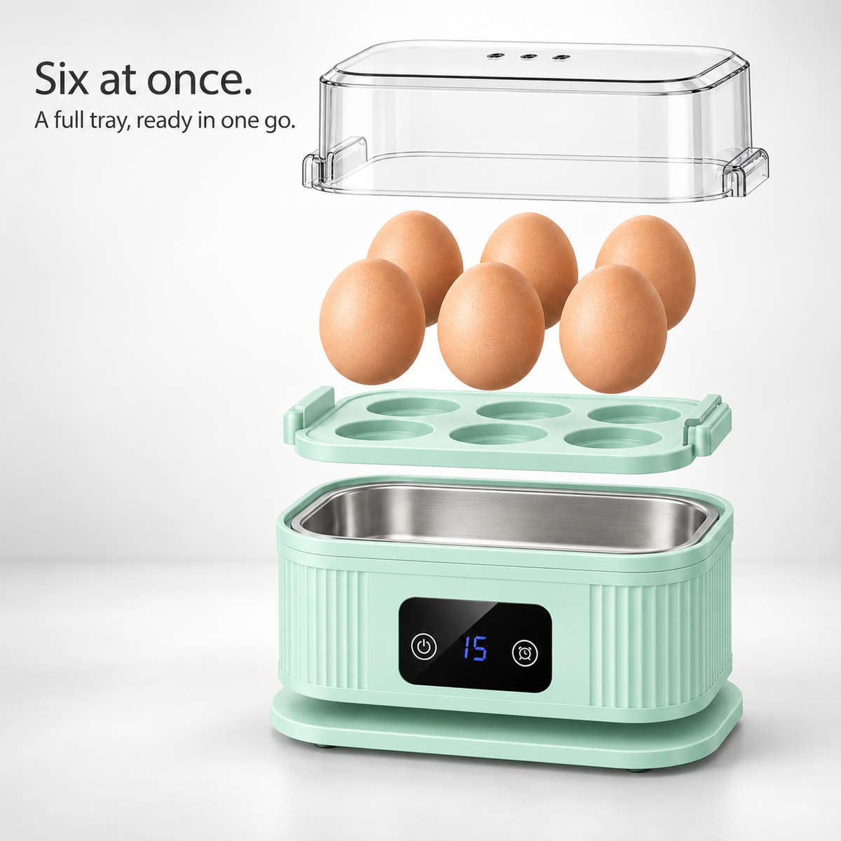 Electric Egg Cooker with 6-Egg Capacity, 200W Rapid Steaming, Digital 30-Minute Timer, Auto Shut-Off, Transparent Lid and Removable Tray