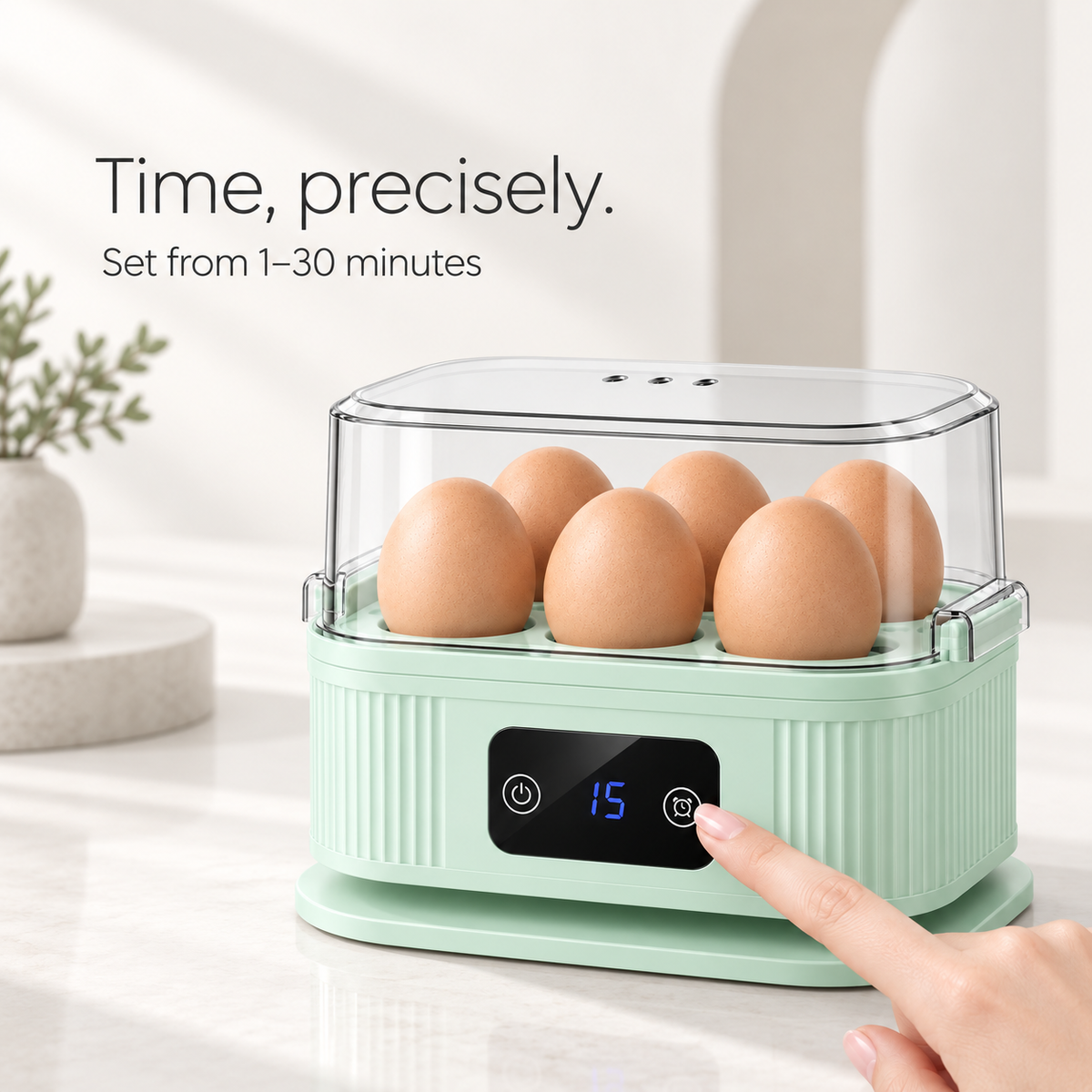 Electric Egg Cooker with 6-Egg Capacity, 200W Rapid Steaming, Digital 30-Minute Timer, Auto Shut-Off, Transparent Lid and Removable Tray