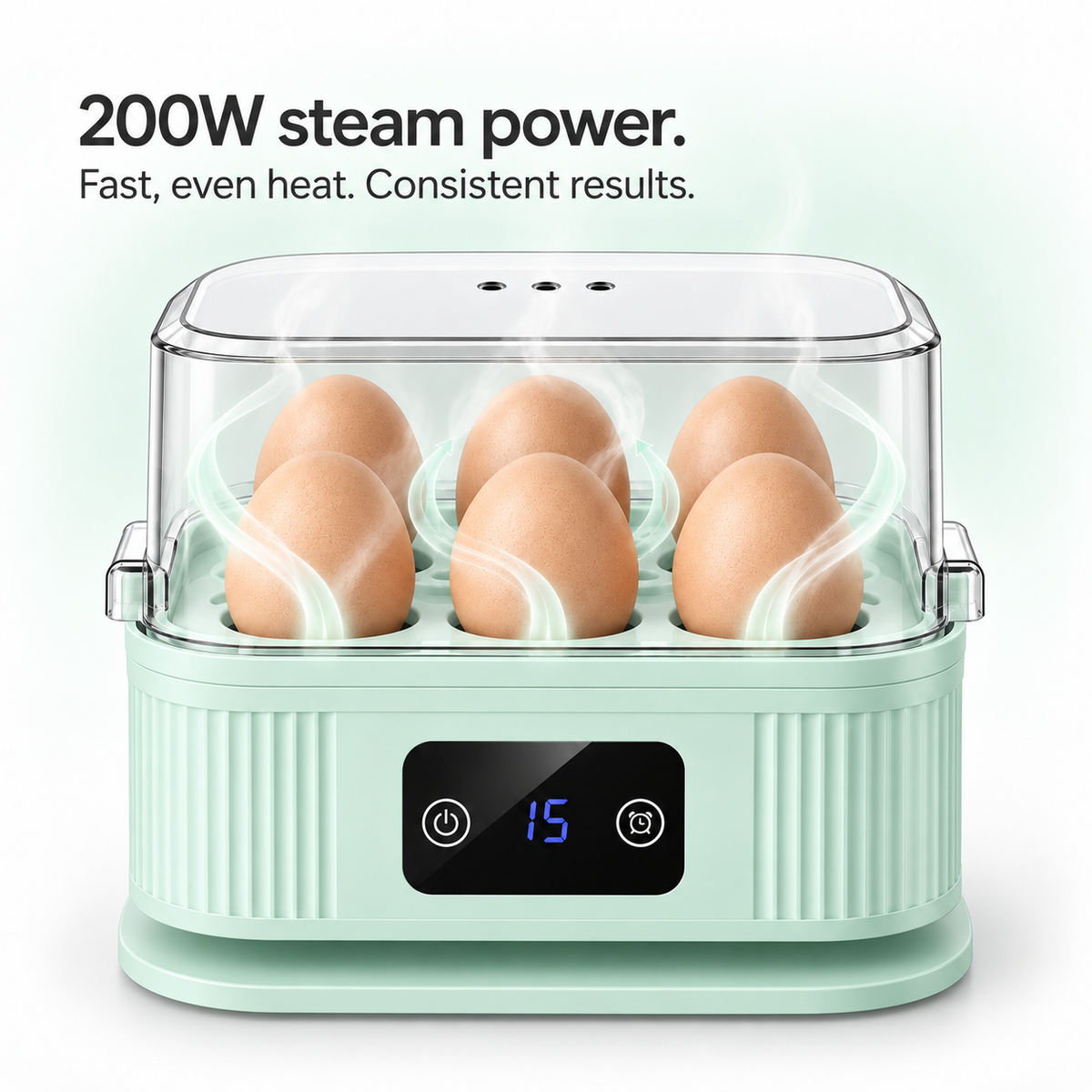 Electric Egg Cooker with 6-Egg Capacity, 200W Rapid Steaming, Digital 30-Minute Timer, Auto Shut-Off, Transparent Lid and Removable Tray