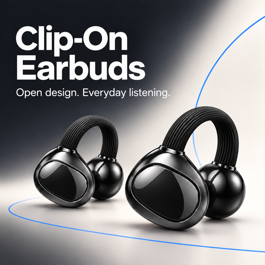 Wireless Earbuds Set with Charging Case, 3 Pairs – Stem, In-Ear and Clip-On Earphones, Black
