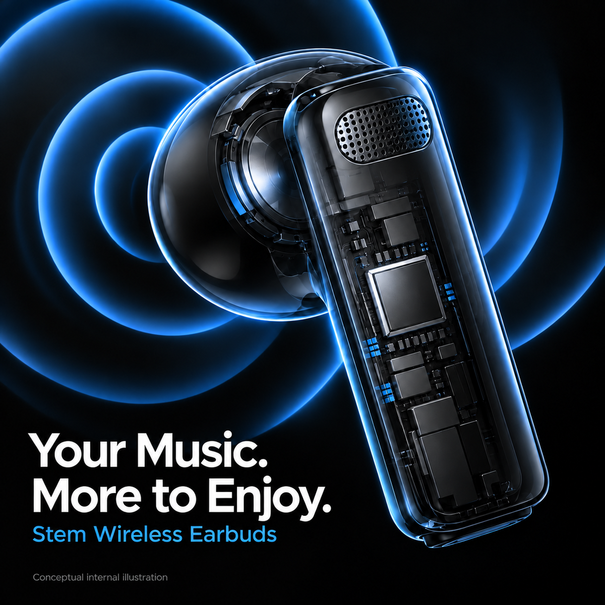 Wireless Earbuds Set with Charging Case, 3 Pairs – Stem, In-Ear and Clip-On Earphones, Black