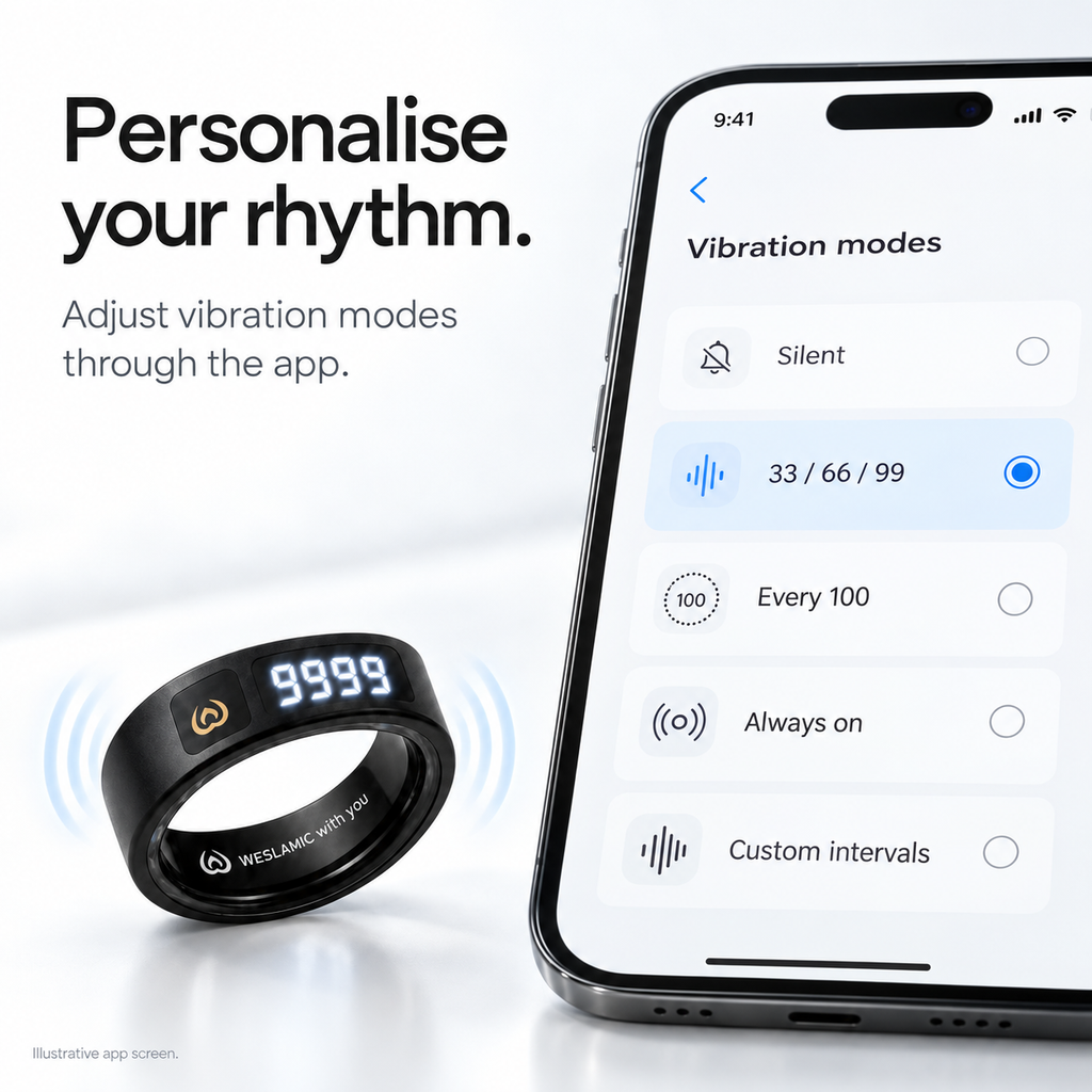 Smart Zikr Ring – Digital Tasbeeh Counter with Prayer Reminders & App Control