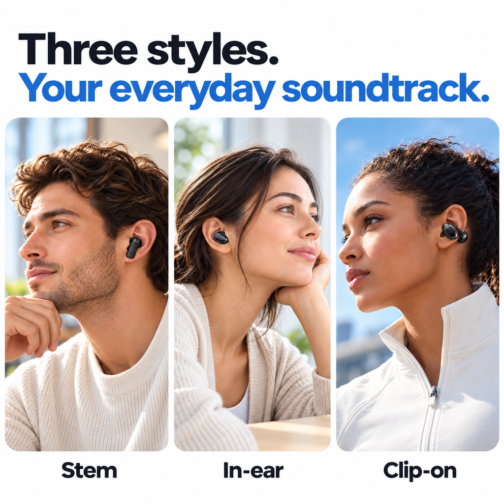 Wireless Earbuds Set with Charging Case, 3 Pairs – Stem, In-Ear and Clip-On Earphones, Black