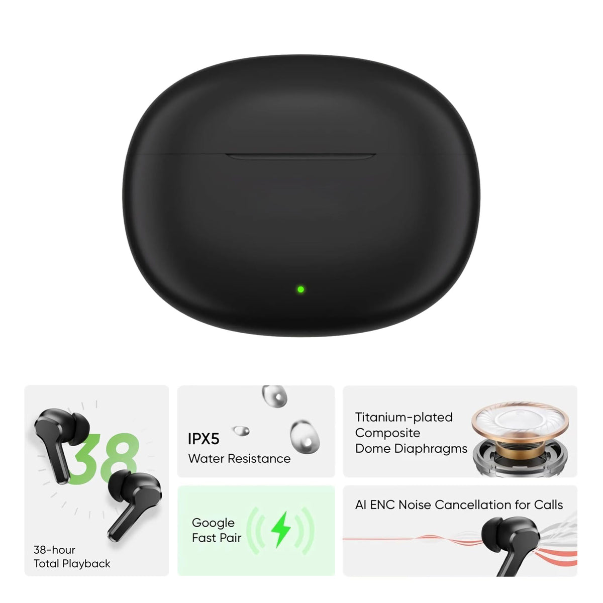 Buds T110 Bluetooth 5.4 Wireless Earbuds, 88ms Ultra Low Latency Gaming Mode, AI ENC Noise Cancelling for Calls, 38H Total Playtime, Deep Bass Stereo Sound, Headphones for iPhone/Samsung/Android