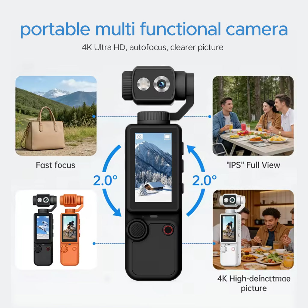 4K Vlogging Camera with Stabilizer, Pocket Handheld Video Camera, Mini Camera with Autofocus, Fill Light & Microphone, Portable Camera for YouTube, TikTok, Travel Recording