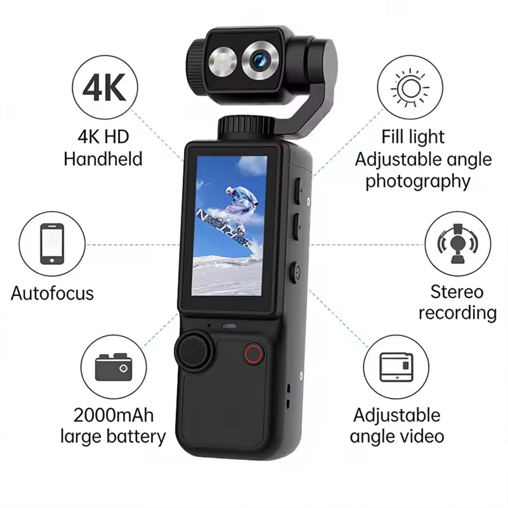 4K Vlogging Camera with Stabilizer, Pocket Handheld Video Camera, Mini Camera with Autofocus, Fill Light & Microphone, Portable Camera for YouTube, TikTok, Travel Recording