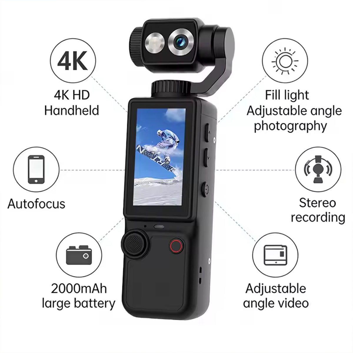 4K Vlogging Camera with Stabilizer, Pocket Handheld Video Camera, Mini Camera with Autofocus, Fill Light & Microphone, Portable Camera for YouTube, TikTok, Travel Recording